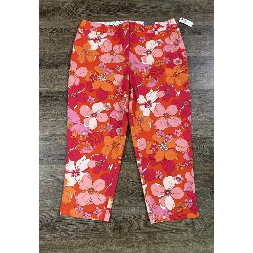 Talbots Women's Floral Print Perfect Crop Pants Size 12P Orange Pink Cotton New - Picture 2 of 11